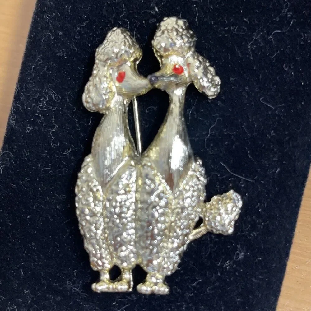 Vintage Gold Tone Nose Kissing Poodles Brooch
